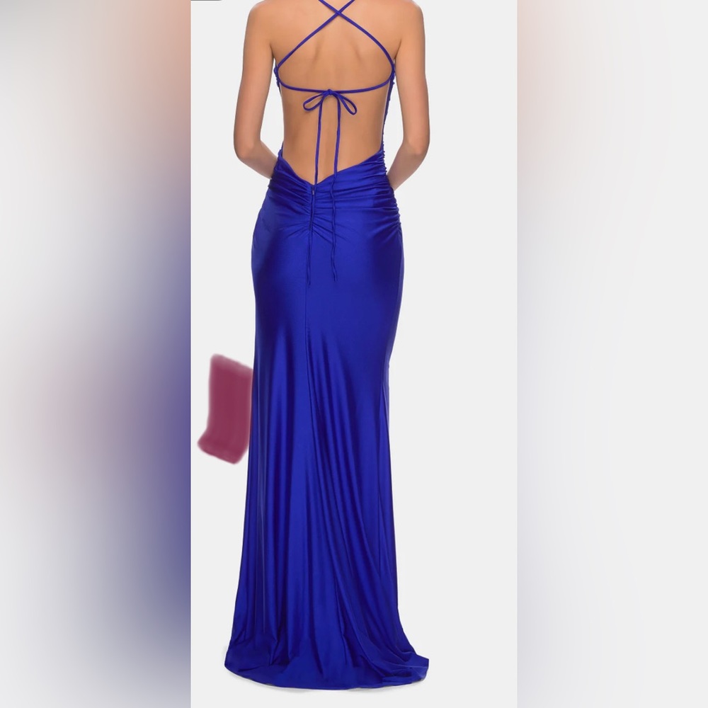 La Femme Blue Strappy Back Jersey Gown- Prom